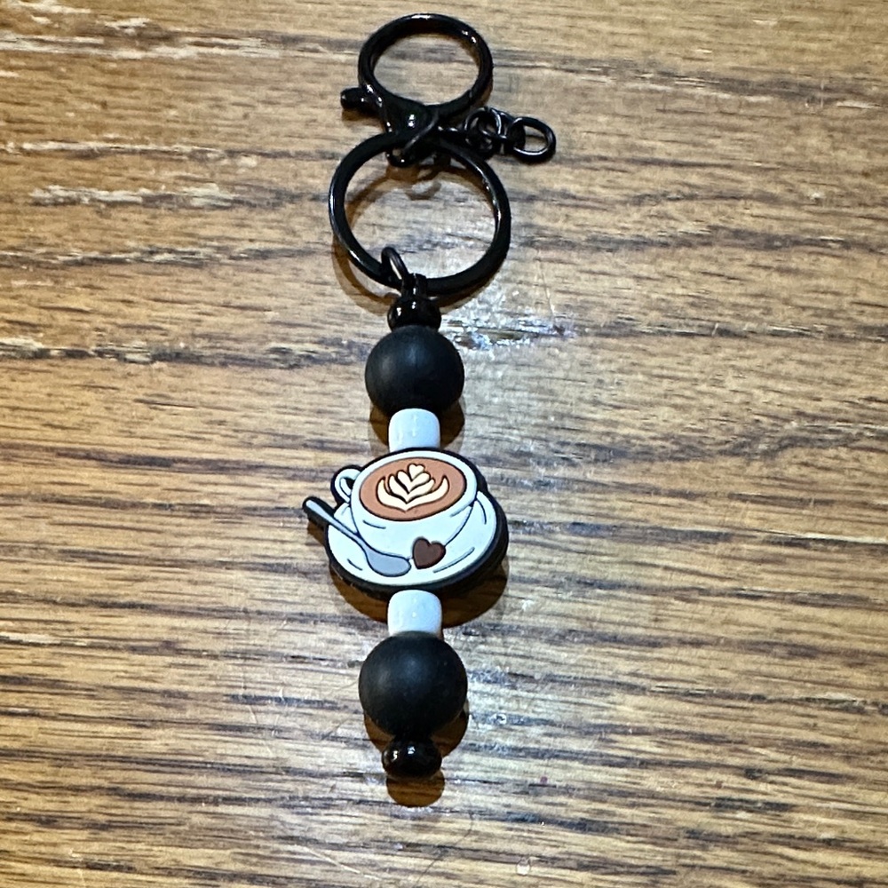 Coffee Cup Key Holder with Black and White Beads